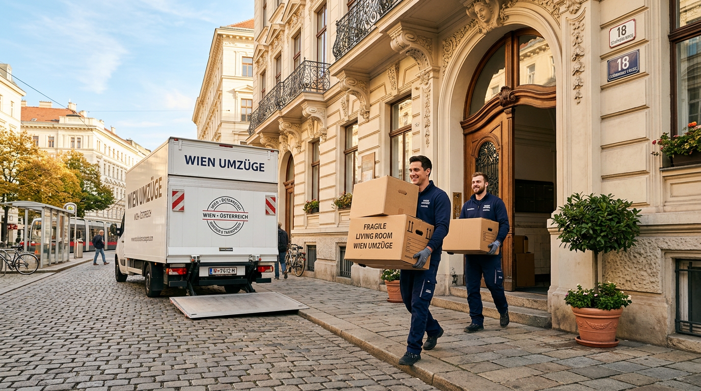 Zwei Umzugshelfer tragen Kartons aus einem Wiener Altbau zum Umzugswagen