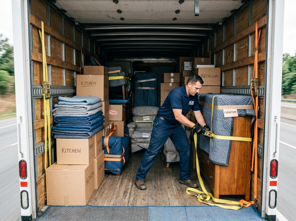 Sorgfältig beladener Umzugs-LKW mit gesicherten Möbeln