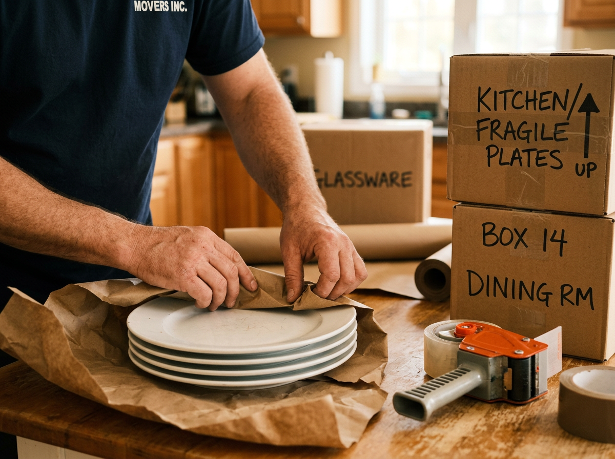 Umzugskartons werden sorgfältig verpackt und beschriftet